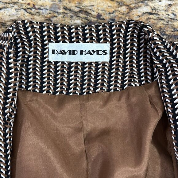 David Hayes Vintage Pure Silk Herringbone Print Open Front Jacket Size 6 - Picture 11 of 11